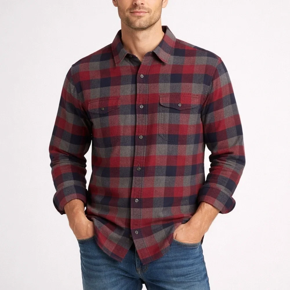 J. Crew Flannel Mens XL Check Plaid Button-Up Shirt Navy Red Long Sleeve Casual